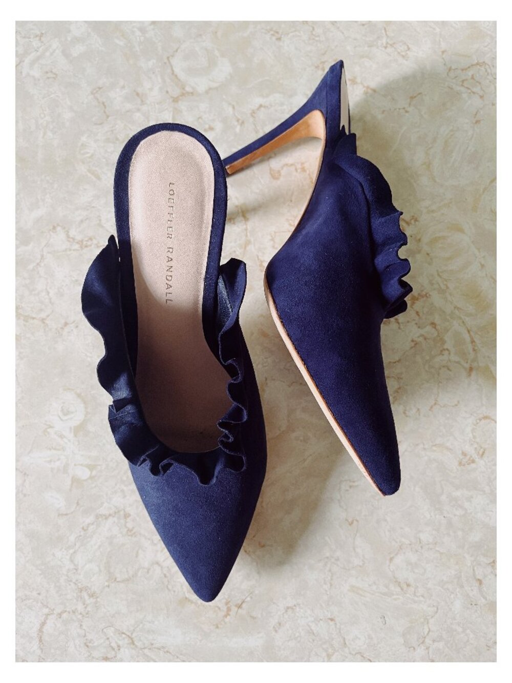 Loeffler Randall Sz 11 Langley Navy Blue Suede Ruffle Mules Stiletto Pointed Toe